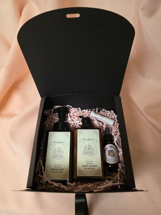 Essential Oil Gift Box: Foam Soap, Lotion, Sanitizer spray, Lip Balm